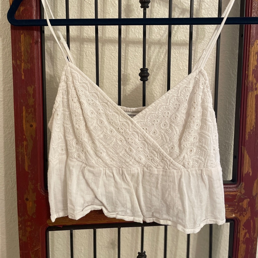 AE white gauzy lace crop tank